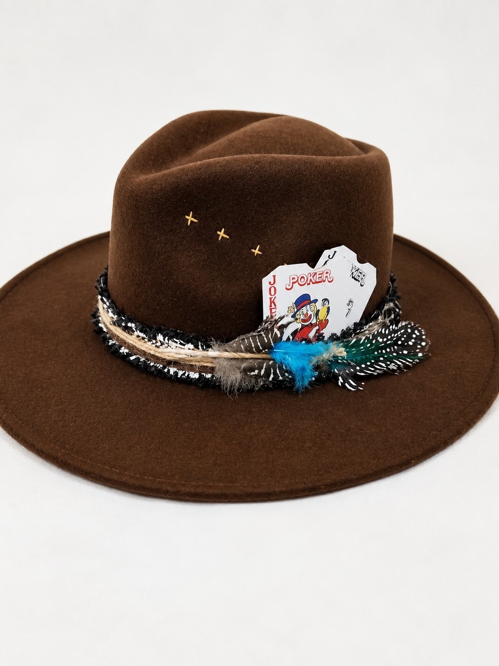 Brown Felt Fedora Hat with Feather & Card Accent